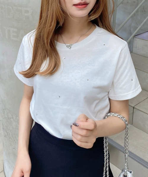INGNI(イング)の「ラインストーン飛ばしTシャツ(Tシャツ/カットソー・レディース・オフホワイト/ライトピンク/チャコールグレー・M)」の1枚目の写真