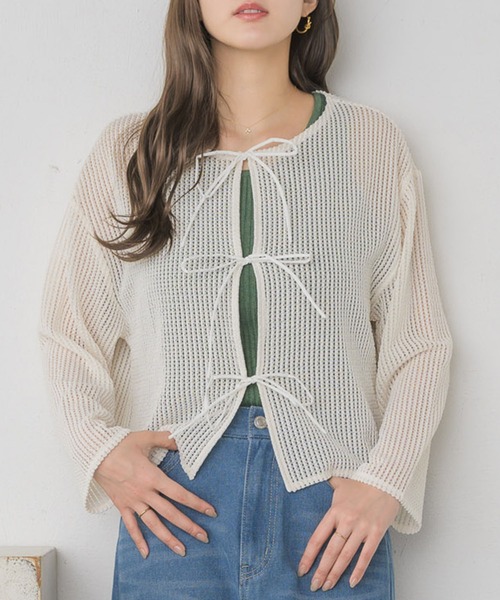 RETRO GIRL（レトロガール）の「フロントリボンメッシュカーデ（カーディガン/ボレロ・レディース・ブラック/レッド/グリーン/ナチュラル・FREE）」の3枚目の写真