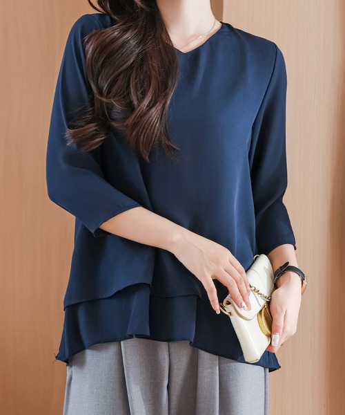 Lace Ladies(レースレディース)の「ソリッドカラー Vネック ティアード 7分袖 フレア プルオーバー(シャツ/ブラウス・レディース・ネイビー/ブラック/ブルーグレー/グレイッシュベージュ・S/FREE)」の20枚目の写真