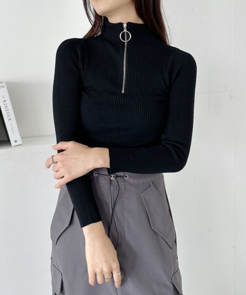 CLEA(クレア)の「ハーフジップリブニットトップス(ニット/セーター・レディース・ブラック/ホワイト/ピンク/レッド/グレー・FREE)」の13枚目の写真