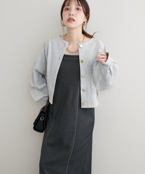 natural couture(ナチュラルクチュール)の「金釦ノーカラーダンボールブルゾン(ブルゾン・レディース・ネイビー/オフホワイト/グレー/ブラック・FREE)」の14枚目の写真