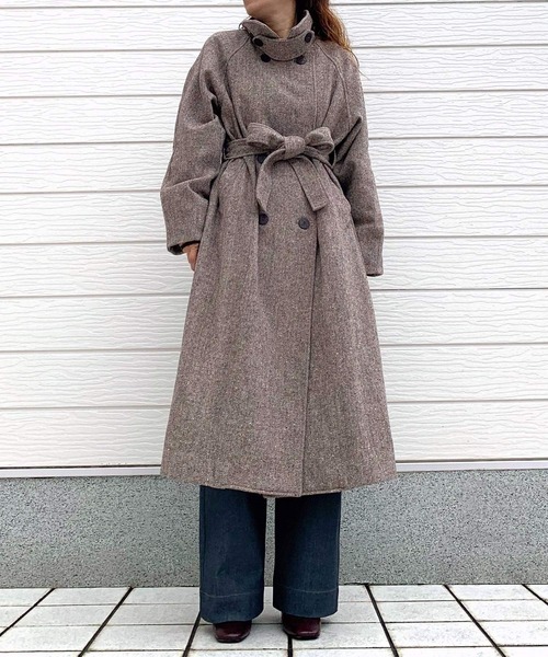 【セール】ヘリンボーンスタンドロングコート（その他アウター）｜Q（キュー）