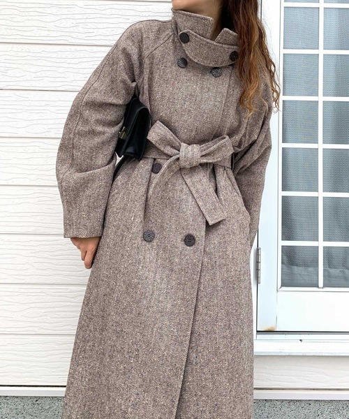 【セール】ヘリンボーンスタンドロングコート（その他アウター）｜Q（キュー）