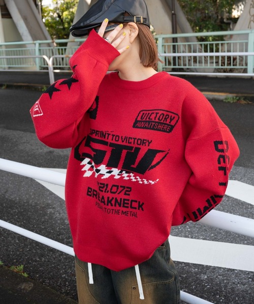 WEGO（ウィゴー）の「WEGO/スポーツグラフィックジャガードニット（ニット/セーター・レディース・ブラック/ホワイト/レッド・FREE）」の3枚目の写真