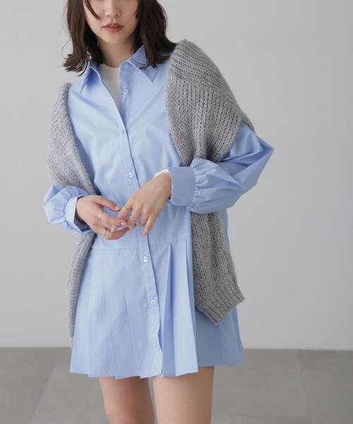 FREE'S MART（フリーズマート）の「プリーツティアードシャツミニワンピース（ワンピース・レディース・ブラック/グレー/ブルー/ホワイト・FREE）」の6枚目の写真