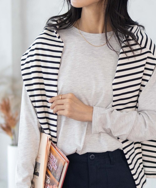 NAVY(ネイビー)の「NAVY ベーシック裾ラウンド長袖Tシャツ ロンT(Tシャツ/カットソー・レディース・ブラック/ネイビー系/オートミール/ホワイト/ピンク・M/L)」の3枚目の写真