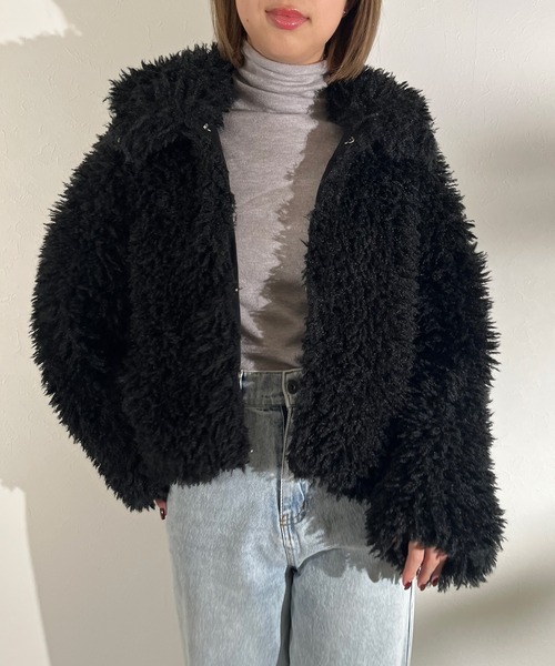 r.（アールドット）の「プードルファー　2wayカラー　ショートジャケット（ブルゾン・レディース・グレイッシュベージュ/グレー/キナリ/ブラウン/ブラック・FREE）」の12枚目の写真