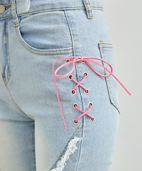 Lace Ladies（レースレディース）の「配色 レースアップ ハイウエスト フリンジ フレア デニム パンツ（デニムパンツ・レディース・ブルー・XS/S/M/L/XL）」の12枚目の写真