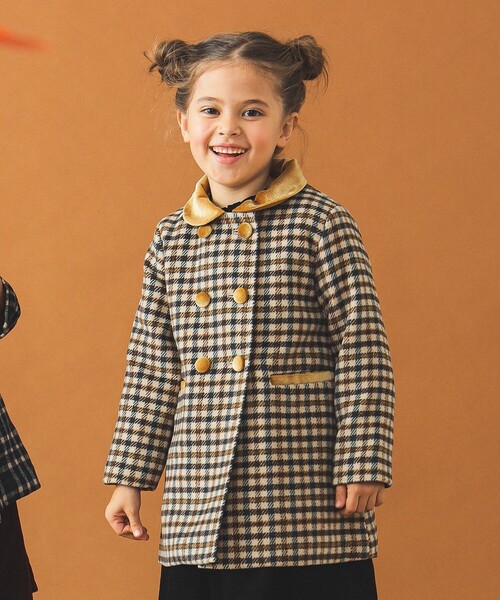 B:MING by BEAMS（ビーミングバイビームス）の「ファー襟 チェック柄 ダブル コート（100～140cm）（ダウンジャケット/コート・キッズ・ベージュ/ネイビー・110/120/130/140/100）」の3枚目の写真