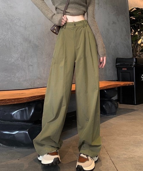LADY LIKE（レディライク）の「ダブルステッチ入りワイドパンツ（チノパンツ・レディース・グリーン/アイボリー・M）」の3枚目の写真