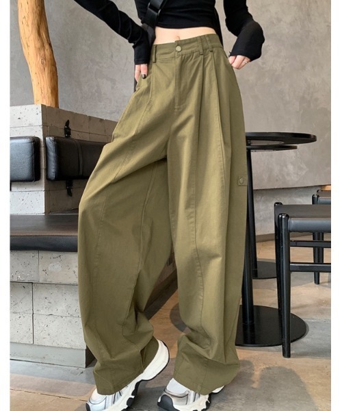 LADY LIKE（レディライク）の「ダブルステッチ入りワイドパンツ（チノパンツ・レディース・グリーン/アイボリー・M）」の5枚目の写真