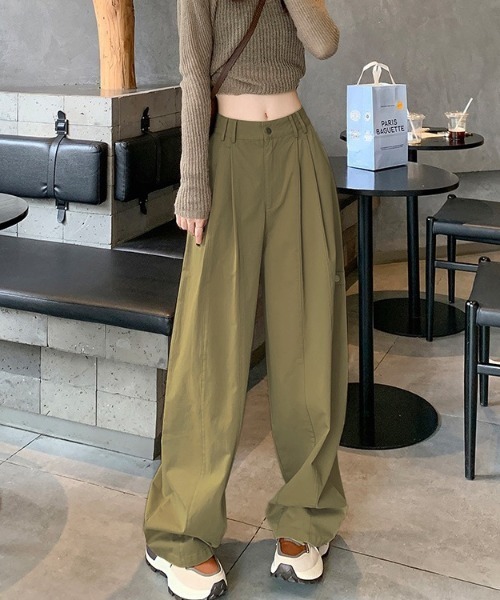 LADY LIKE（レディライク）の「ダブルステッチ入りワイドパンツ（チノパンツ・レディース・グリーン/アイボリー・M）」の7枚目の写真