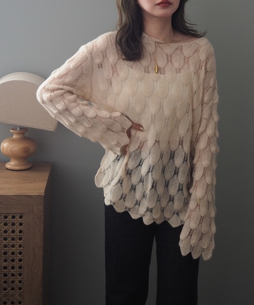 feather pattern sheer knit /透かし編み デザイン カシミヤ シアー