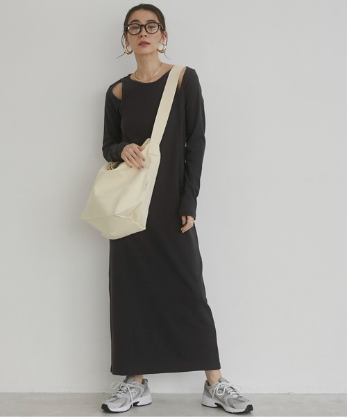 ANGIE（アンジー）の「フェイクレイヤード カット リブ ロング ワンピース（ワンピース・レディース・ベージュ/杢グレー/ブラック・FREE）」の2枚目の写真