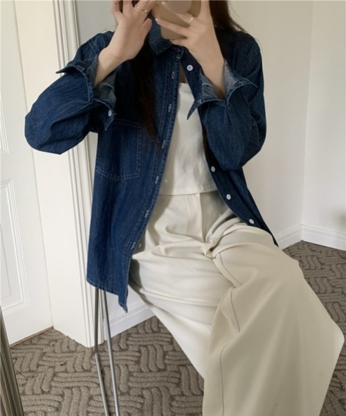 gossip!ロサンゼルス(ゴシップロサンゼルス)の「デニムシャツ 長袖シャツジャケット カジュアル&デイリー シンプル(シャツ/ブラウス・レディース・ネイビー/ブルー・FREE)」の6枚目の写真