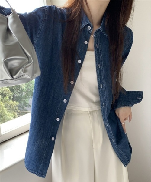 gossip!ロサンゼルス(ゴシップロサンゼルス)の「デニムシャツ 長袖シャツジャケット カジュアル&デイリー シンプル(シャツ/ブラウス・レディース・ネイビー/ブルー・FREE)」の9枚目の写真