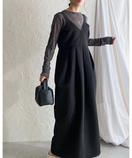 セール】ハイウエストタックコクーンロングジャンパースカート