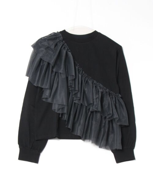 STYLEBLOCK（スタイルブロック）の「天竺×チュールアシメドッキングロンT（Tシャツ/カットソー・レディース・ホワイト×グレー/ホワイト×ブラック/チャコールグレー/ブラック・M）」の3枚目の写真