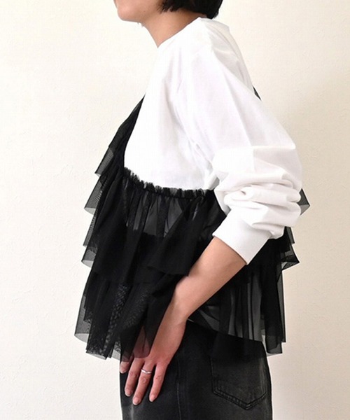 STYLEBLOCK（スタイルブロック）の「天竺×チュールアシメドッキングロンT（Tシャツ/カットソー・レディース・ホワイト×グレー/ホワイト×ブラック/チャコールグレー/ブラック・M）」の7枚目の写真