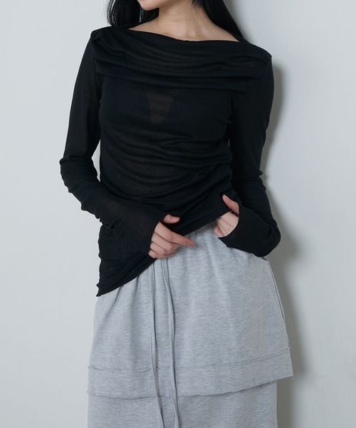 le ELMi（ルエルミ）の「Sheer knit-like drape gathered off-shoulder top / シアーニットライクドレープギャザー オフショル トップス（Tシャツ/カットソー・レディース・ピンク/アイボリー/ブラック/グレー・FREE）」の18枚目の写真