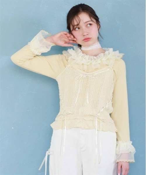 axes femme ホワイト 白 水色 フリル 可愛い ブルー系 M ゆるだぼ レース重ね袖チュールプルオーバー（Tシャツ/カットソー）｜axes