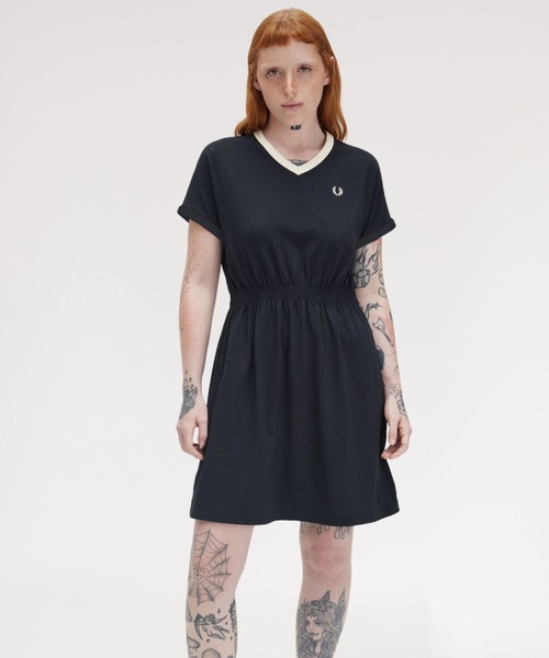 【新品】フレッドペリー　ワンピース　ネイビー セール】V-Neck Jersey Dress／Vネックジャージーワンピース