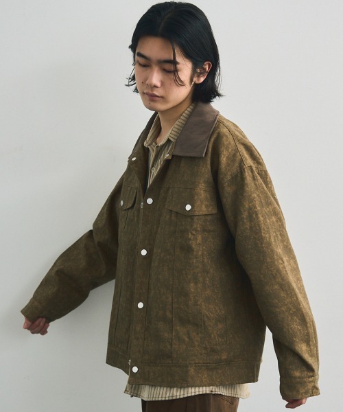 sugar Pearl button Jacket 半袖ジャケット セール】Collar-switched zip-up work jacket / 襟切り替え