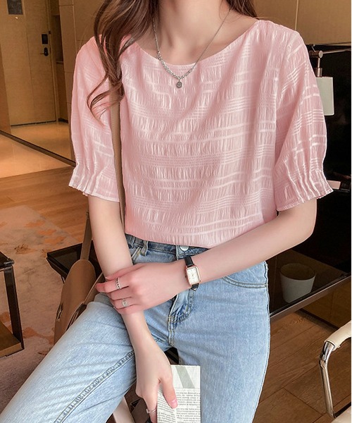 BLANC FICELLE(ブランフィセル)の「サッカー地 5分袖 シャツ(シャツ/ブラウス・レディース・ピンク/ホワイト・S/M/L)」の4枚目の写真