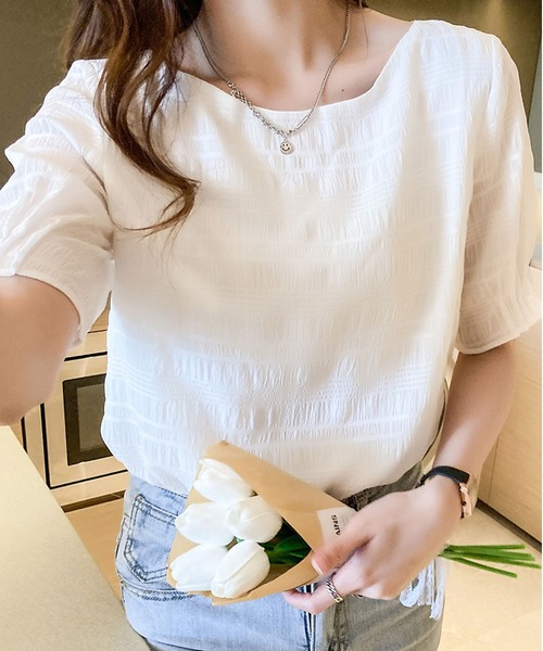 BLANC FICELLE(ブランフィセル)の「サッカー地 5分袖 シャツ(シャツ/ブラウス・レディース・ピンク/ホワイト・S/M/L)」の6枚目の写真