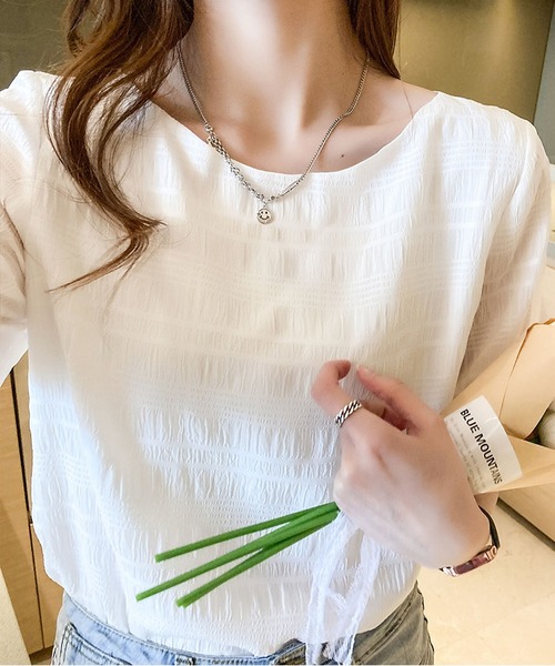 BLANC FICELLE(ブランフィセル)の「サッカー地 5分袖 シャツ(シャツ/ブラウス・レディース・ピンク/ホワイト・S/M/L)」の5枚目の写真