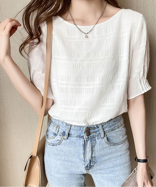 BLANC FICELLE(ブランフィセル)の「サッカー地 5分袖 シャツ(シャツ/ブラウス・レディース・ピンク/ホワイト・S/M/L)」の7枚目の写真