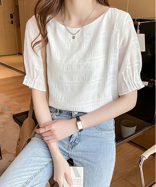 BLANC FICELLE(ブランフィセル)の「サッカー地 5分袖 シャツ(シャツ/ブラウス・レディース・ピンク/ホワイト・S/M/L)」の8枚目の写真