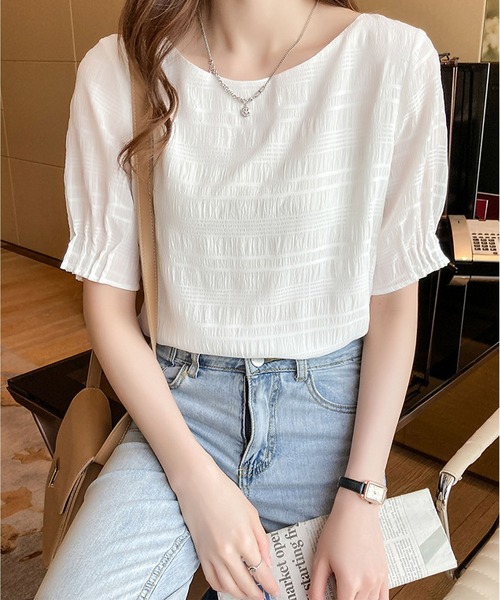BLANC FICELLE(ブランフィセル)の「サッカー地 5分袖 シャツ(シャツ/ブラウス・レディース・ピンク/ホワイト・S/M/L)」の9枚目の写真