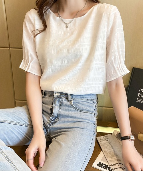 BLANC FICELLE(ブランフィセル)の「サッカー地 5分袖 シャツ(シャツ/ブラウス・レディース・ピンク/ホワイト・S/M/L)」の10枚目の写真