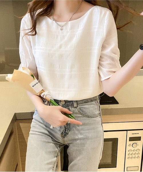 BLANC FICELLE(ブランフィセル)の「サッカー地 5分袖 シャツ(シャツ/ブラウス・レディース・ピンク/ホワイト・S/M/L)」の11枚目の写真