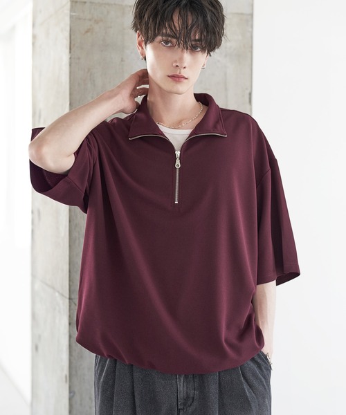 梨地ハーフジップ半袖プルオーバー【ドローコード付き】（T
