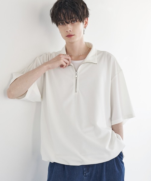 ETELIO（エテリオ）の「梨地ハーフジップ半袖プルオーバー【ドローコード付き】（Tシャツ/カットソー・メンズ・ブラック/ブルーグリーン/ワイン/ホワイト/チャコール/ネイビー・L/M/S/XL）」の7枚目の写真