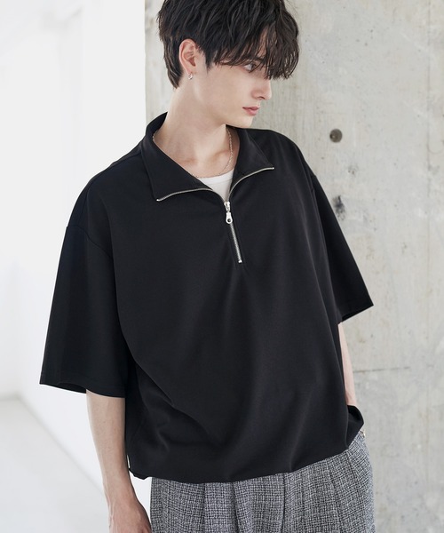 梨地ハーフジップ半袖プルオーバー【ドローコード付き】（T