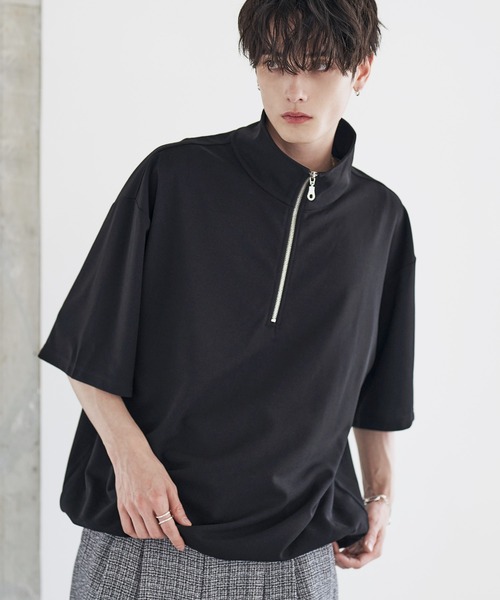 RUFFJOG ブラック XL ハーフジップシャツ　ドローコード付き セットアップ対応】 刺繍ロゴワッシャーナイロン半袖ハーフジップ裾