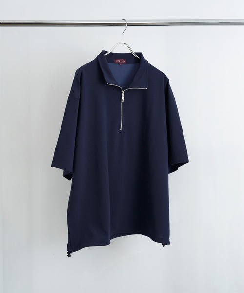 梨地ハーフジップ半袖プルオーバー【ドローコード付き】（T