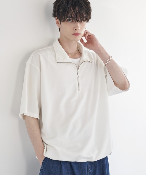 ETELIO（エテリオ）の「梨地ハーフジップ半袖プルオーバー【ドローコード付き】（Tシャツ/カットソー・メンズ・ブラック/ブルーグリーン/ワイン/ホワイト/チャコール/ネイビー・L/M/S/XL）」の9枚目の写真