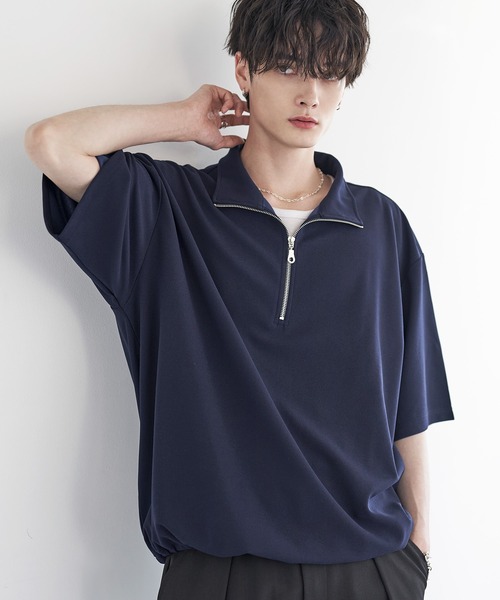 梨地ハーフジップ半袖プルオーバー【ドローコード付き】（Tシャツ