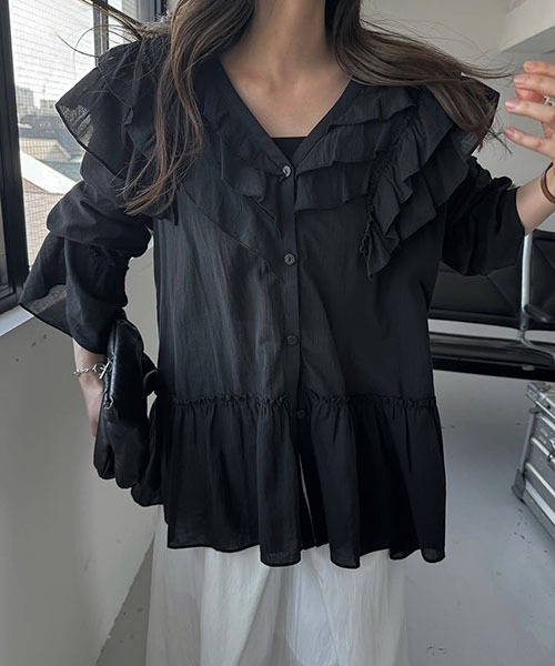 asymmetry frill v neck washing BL