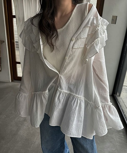 WILLFULLY（ウィルフリー）の「asymmetry frill v neck washing BL 