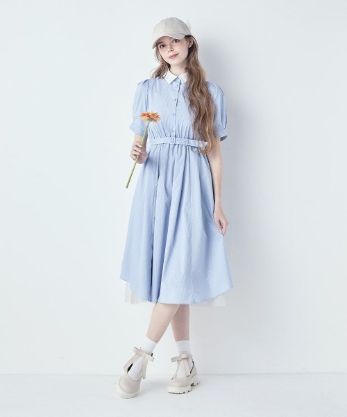 バックラッフルストライプシャツワンピース バックラッフルストライプシャツワンピース/F i.n.t [53AE02g007