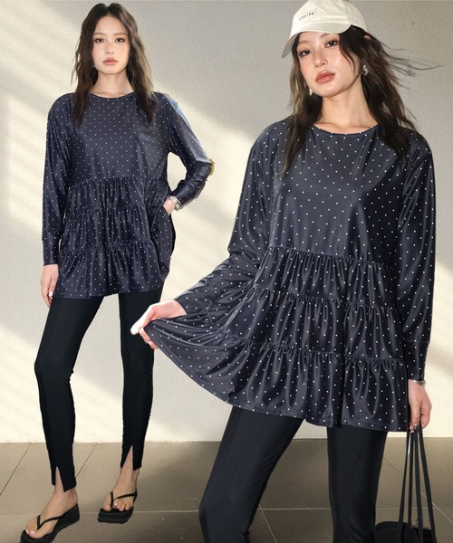 OSYAREVO（オシャレボ）の「水着 レディース 体型カバー ラッシュガード 紫外線カット率 99％以上 UPF50+ uvカット フィットネス 水陸両用 フレア ラッシュレギンス セットアップ（ラッシュガード・レディース・ホワイト系その他/ブラック系その他/ネイビー系/グレー/アイボリー/モカ・MEDIUM/LARGE/X-LARGE）」の6枚目の写真