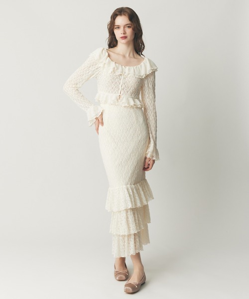 ME COUTURE（ミークチュール）の「ストレッチレースティアードスカート（スカート・レディース・ピンク/アイボリー・0/1）」の2枚目の写真