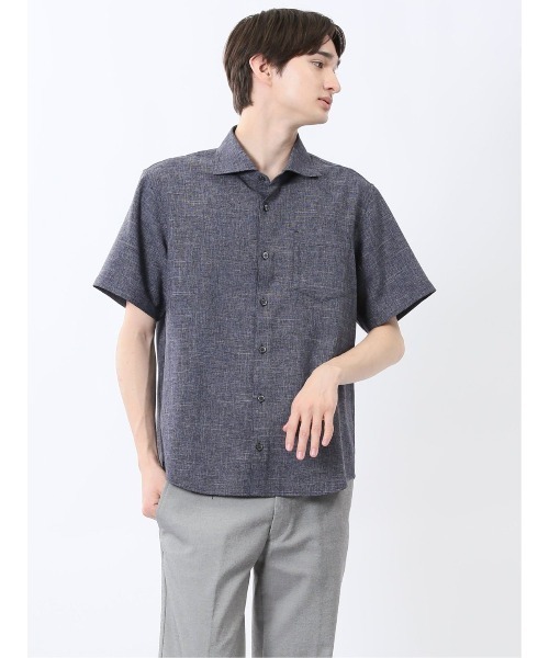 m.f.editorial（エムエフエディトリアル）の「【ウォッシャブル】m.f.エディトリアル メンズ TechLinen カッタウェイ 半袖シャツ（シャツ/ブラウス・メンズ・ライトグレー/ネイビー・MEDIUM/LARGE/X-LARGE）」の2枚目の写真