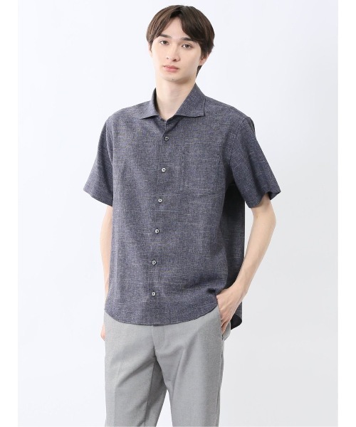 m.f.editorial（エムエフエディトリアル）の「【ウォッシャブル】m.f.エディトリアル メンズ TechLinen カッタウェイ 半袖シャツ（シャツ/ブラウス・メンズ・ライトグレー/ネイビー・MEDIUM/LARGE/X-LARGE）」の13枚目の写真
