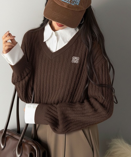 mily bilet(ミウィビレット)の「【mily bilet】一枚着るだけで、重ね着風。シャツレイヤード風ロゴ刺繍リブニットプルオーバー(長袖)(ニット/セーター・レディース・アイボリー/ブラウン/ネイビー/チャコールグレー・LARGE/MEDIUM/SMALL/X-LARGE)」の4枚目の写真